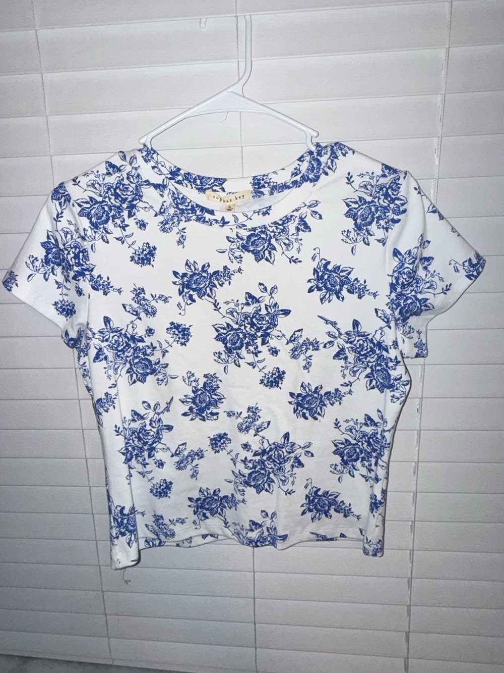 Copper Key White Short-Sleeve Tee with Blue Floral Print